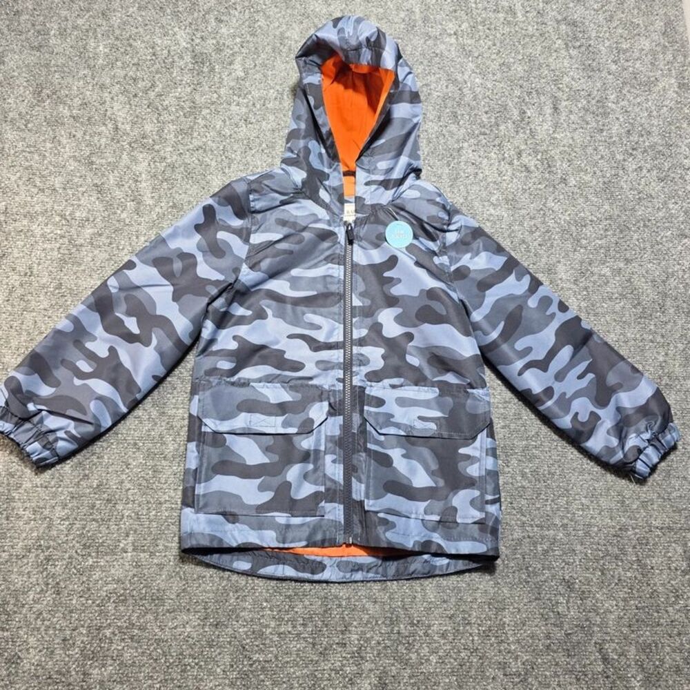 Boys Gray Camo Hooded Rain Jacket with Orange Lining